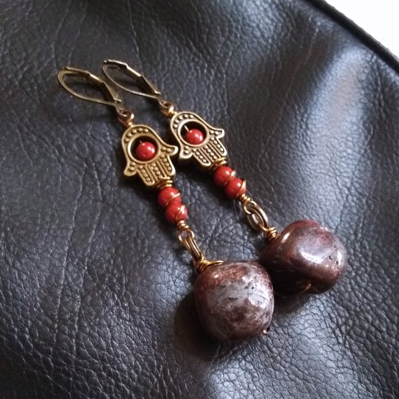 Hamsa Hand Dangle Earrings! Blessings & Protection! Huge Blood Red Stone Nuggets - Picture 10 of 11